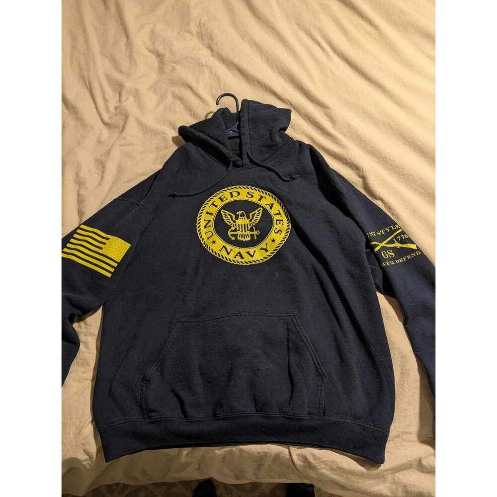 Grunt Style US Navy Pullover Hoodie Mens Large Blue Gold Eagle Crest Sweatshirt